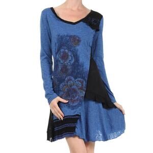 Farinelli | Blue & Black Floral V-Neck Dress blue and black sweater dress SZ M